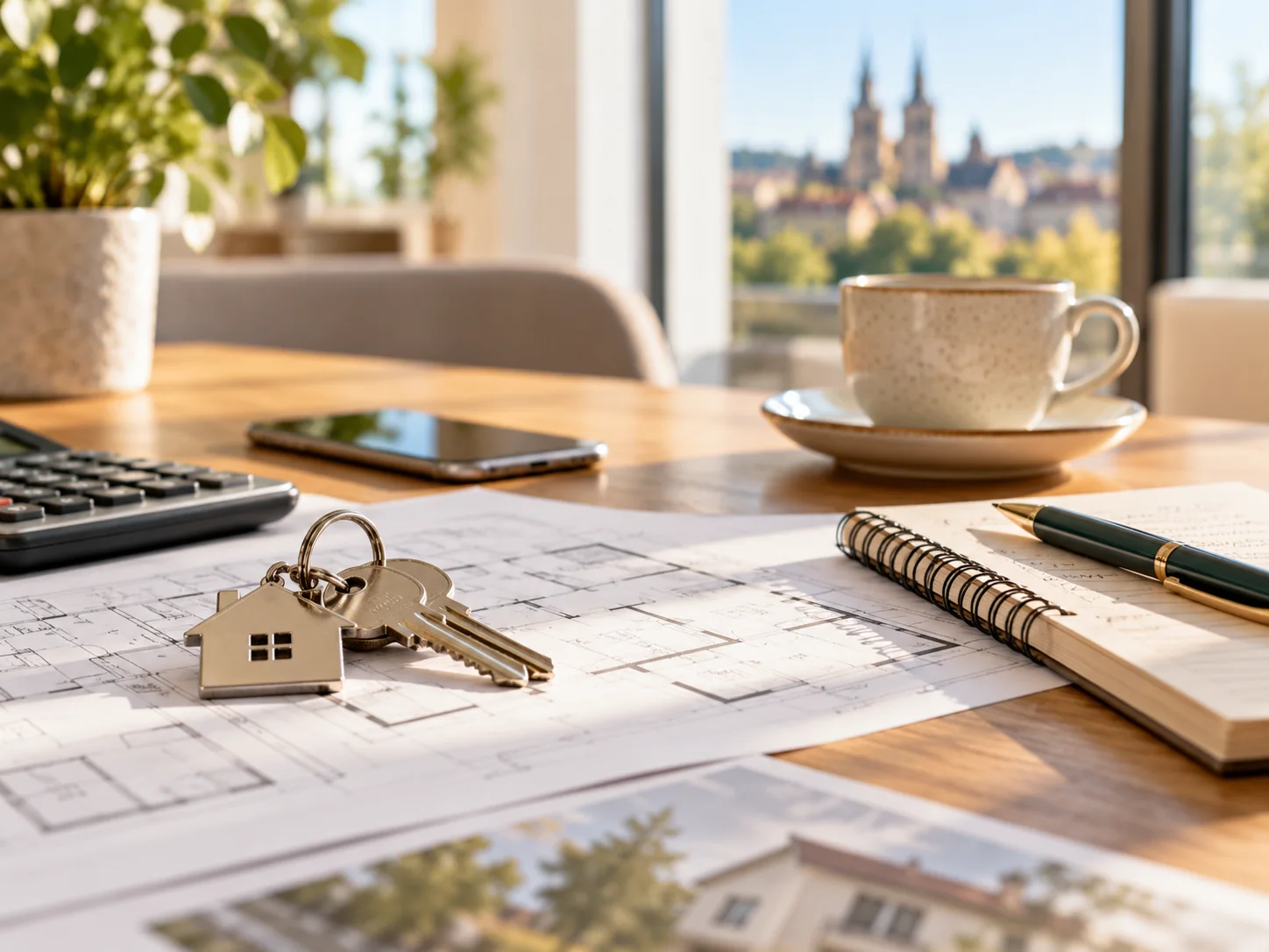 Hausschlüssel auf Architekturplänen als Motiv zur langfristigen Finanzierung