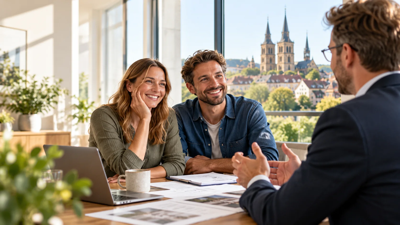 Beratungssituation am Tisch mit Unterlagen zum Finanzierungsvergleich
