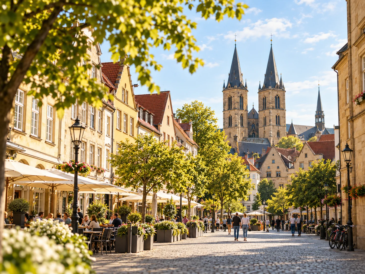 Gestaltetes Stadtmotiv mit historischer Architektur und Fußgängerzone
