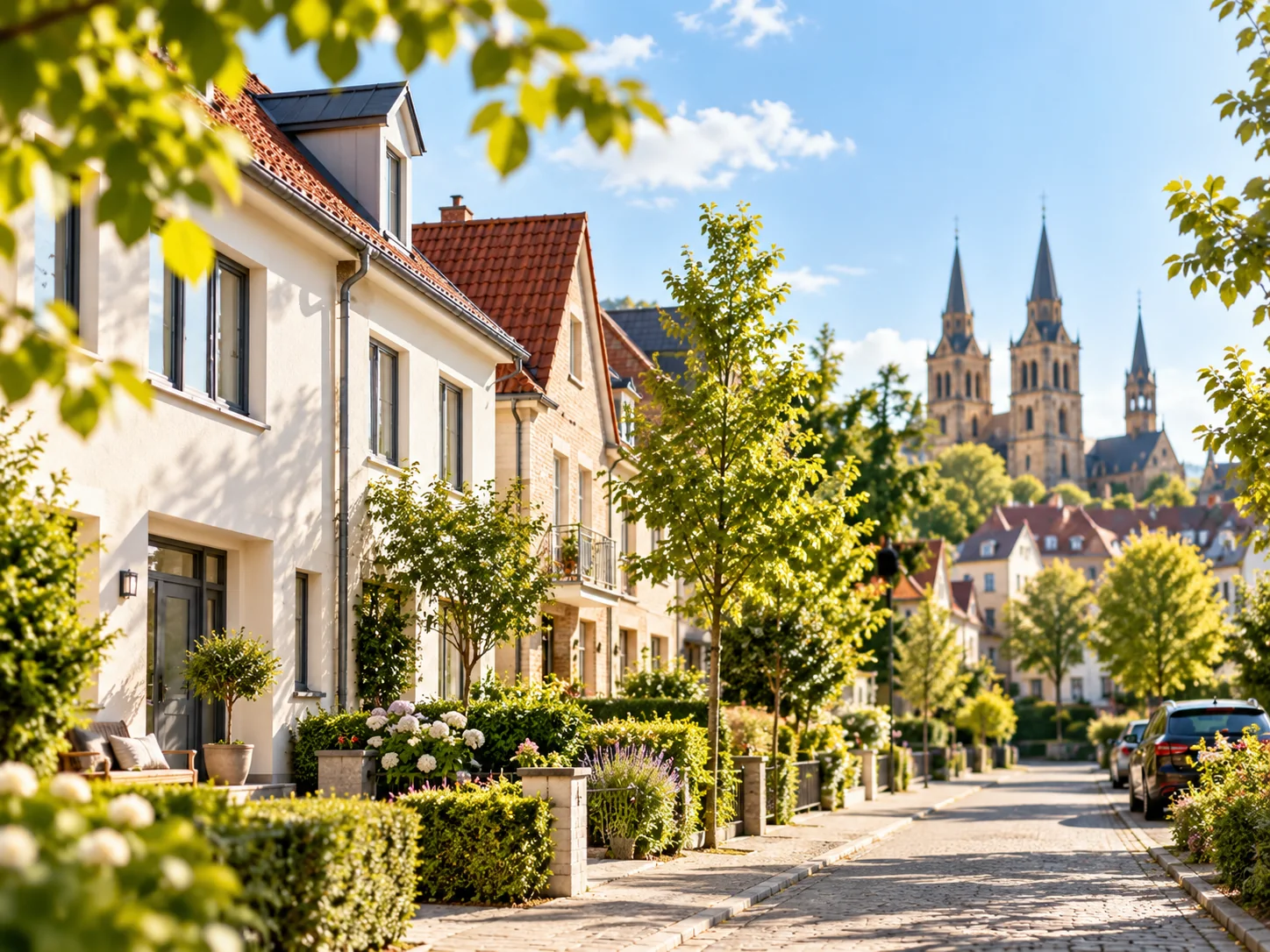 Wohnhäuser in einer begrünten Wohnstraße als Motiv zur Anschlussfinanzierung
